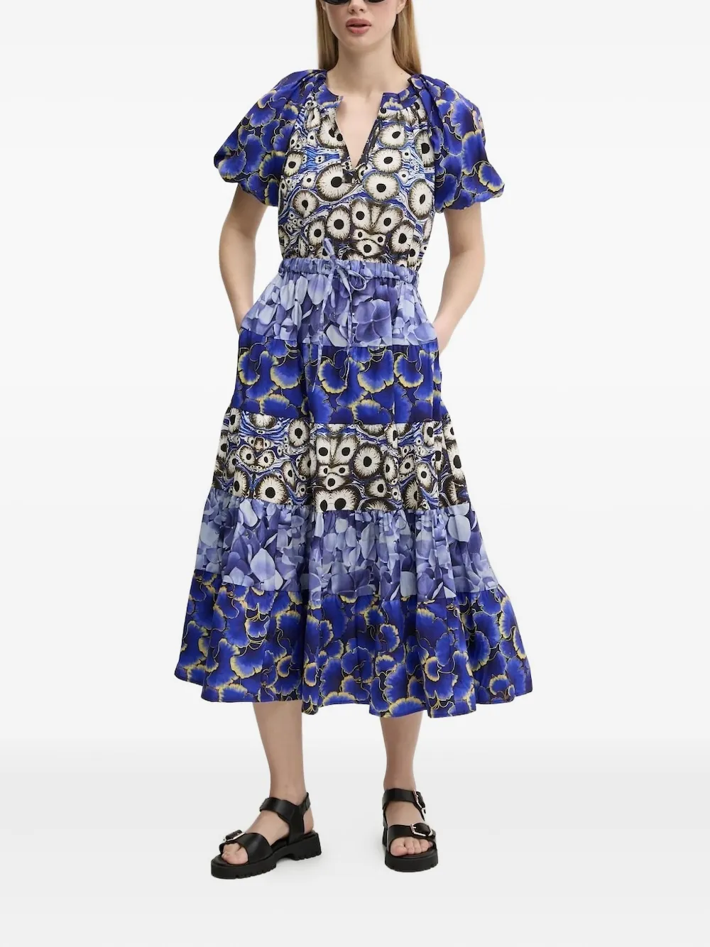 Desigual puff-sleeve tiered dress Blauw