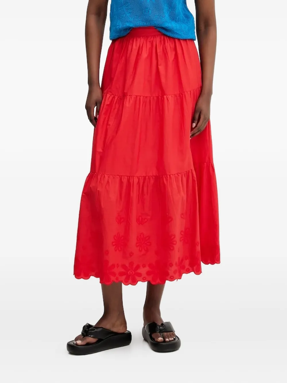 Desigual Tiered Embroidered Midi Skirt In Red
