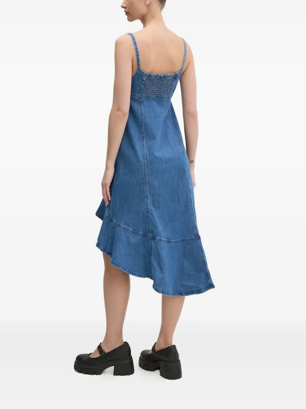 Desigual Asymmetric Ruffled Denim Midi Dress In Blue