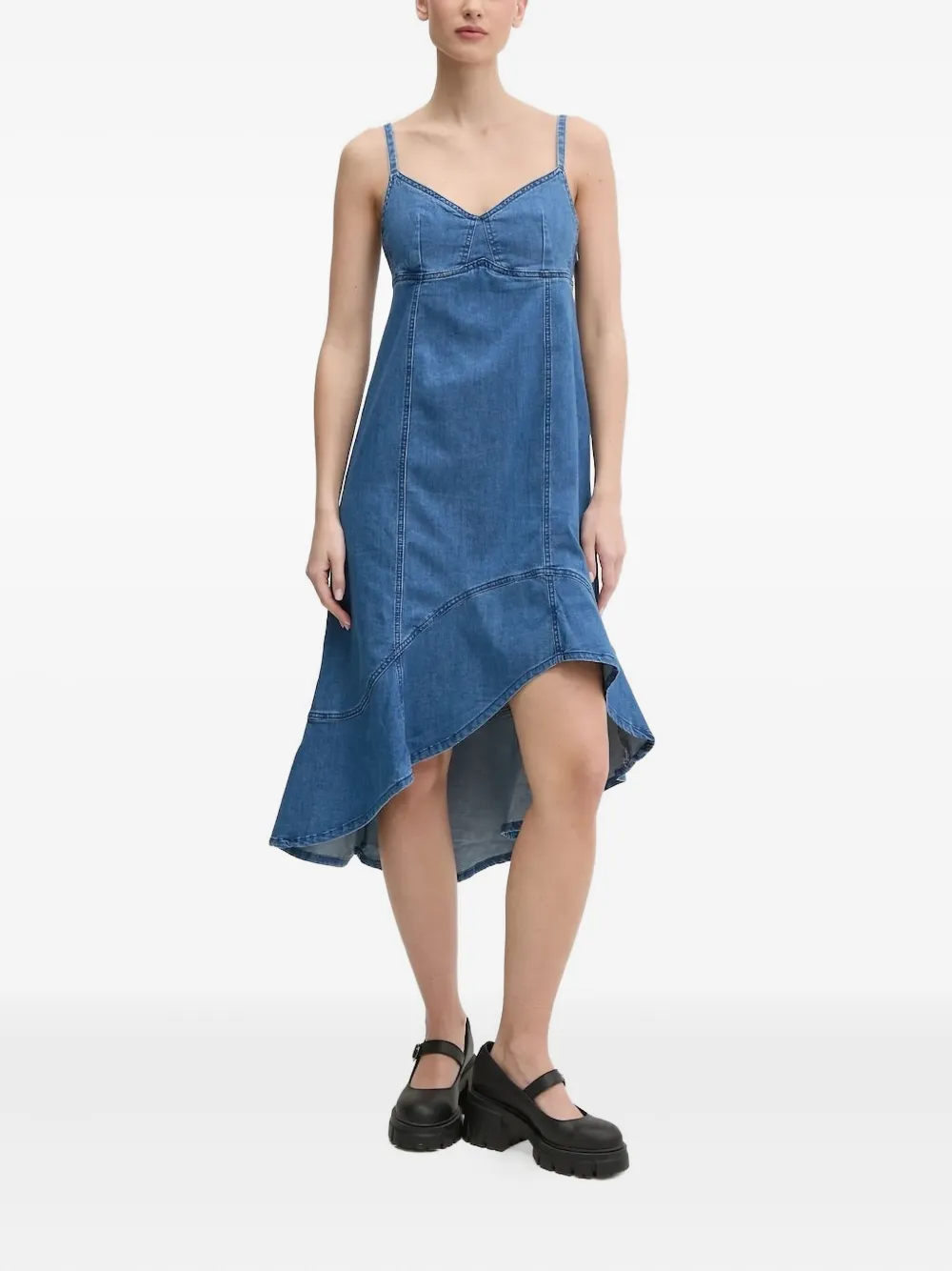 Desigual Asymmetric Ruffled Denim Midi Dress In Blue
