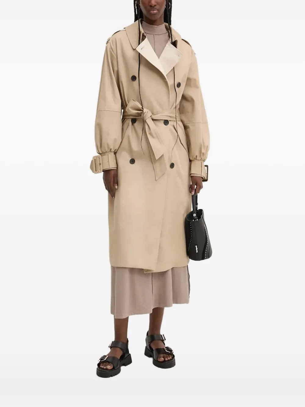 Desigual Double-breasted Belted Trench Coat In Neutral