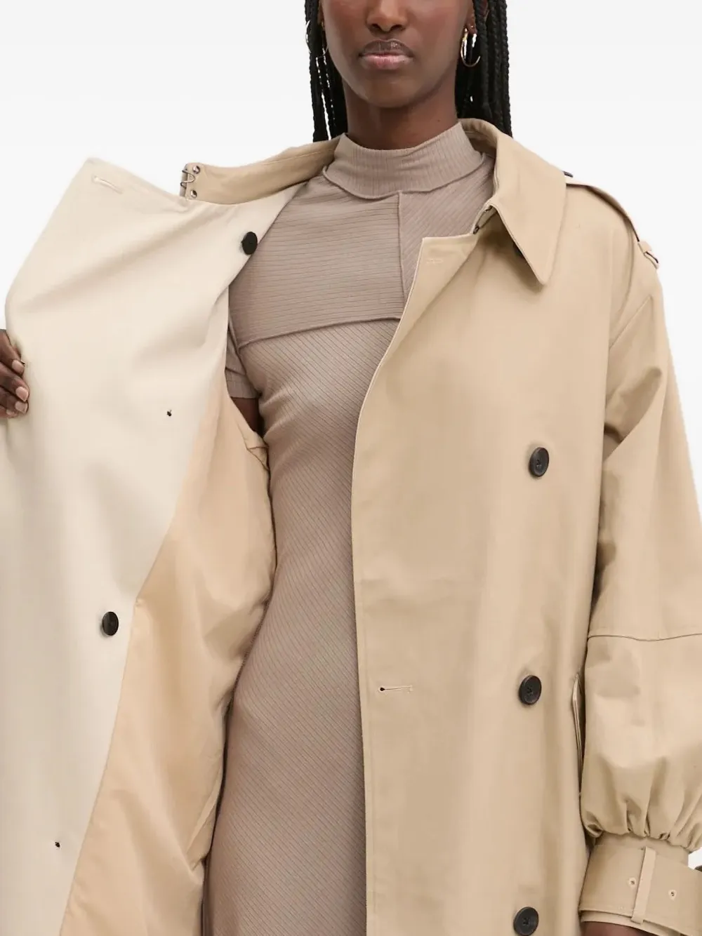 Desigual Trenchcoat met dubbele rij knopen en ceintuur Beige