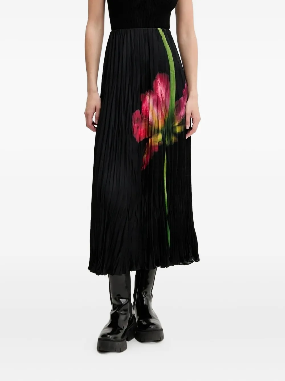 Desigual pleated floral print midi skirt Zwart