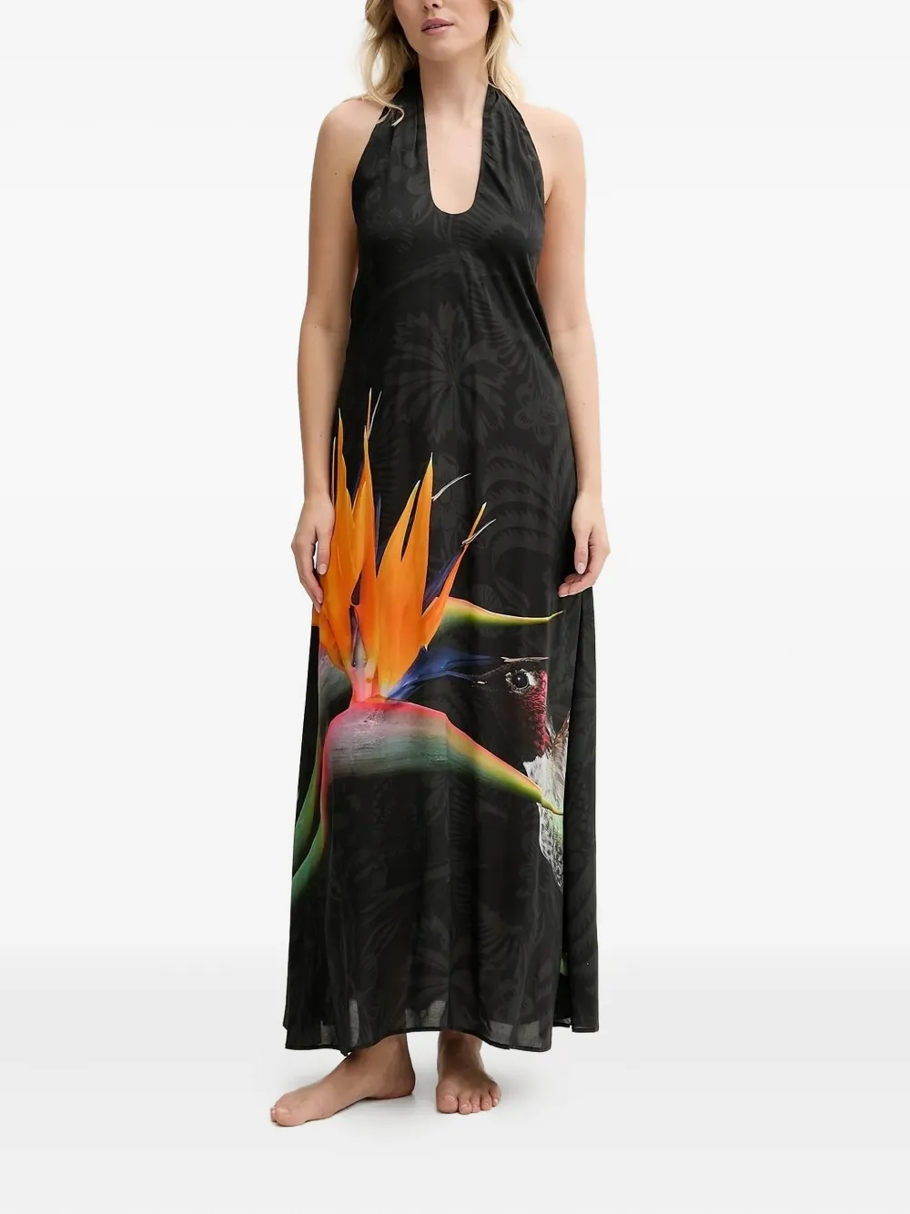 Desigual Flower-print Halterneck Maxi Dress In Black
