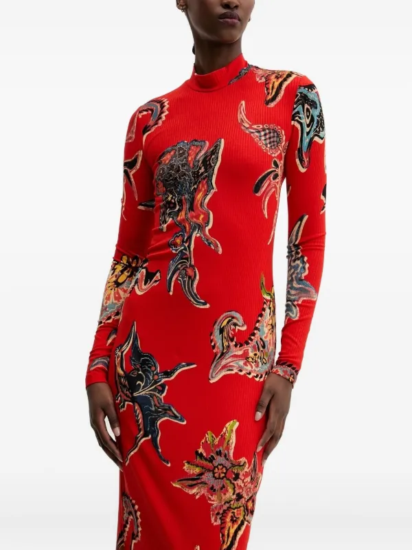 Desigual Ribbed Midi Dress - Red