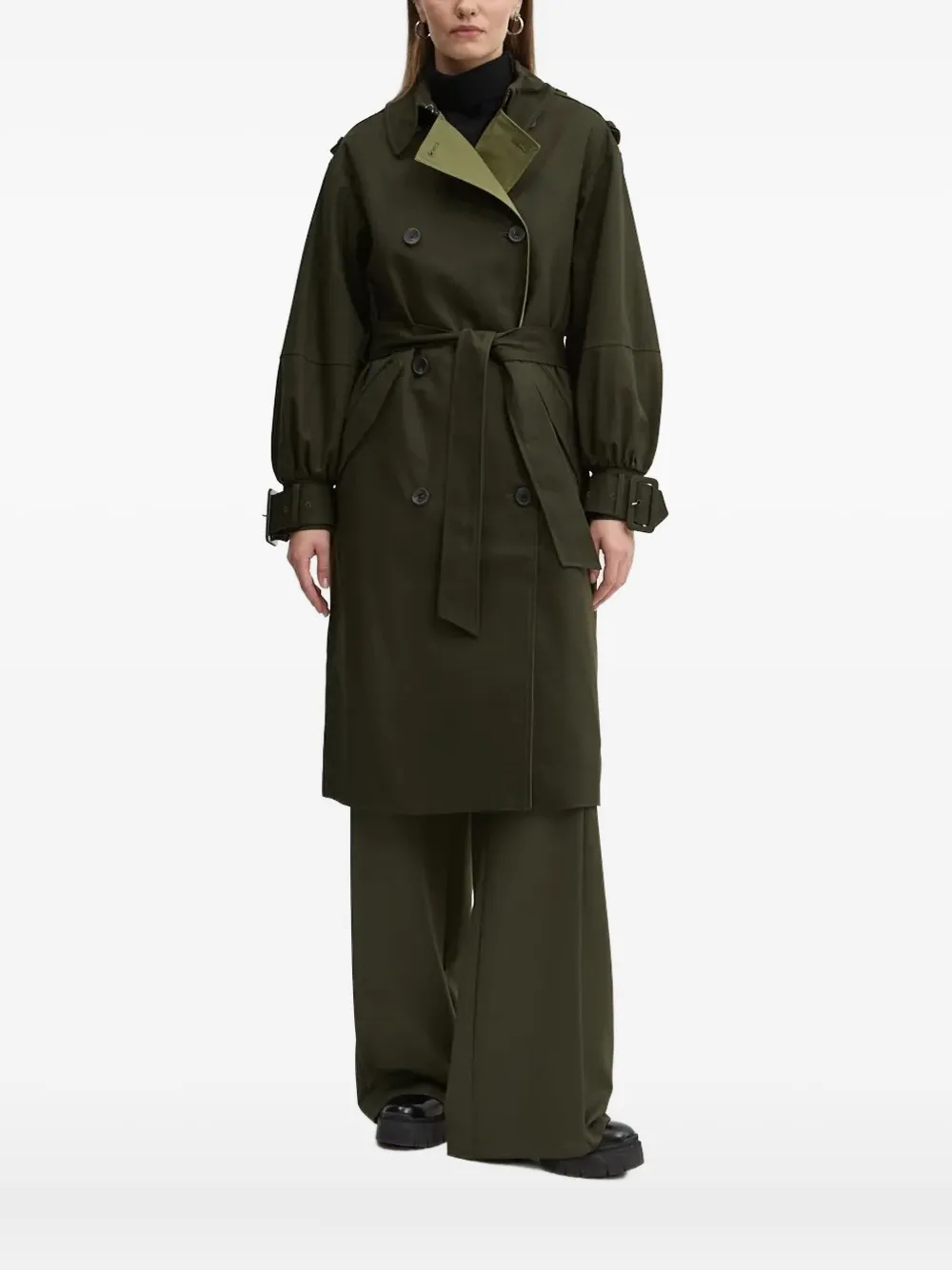 Desigual Double-breasted Belted Trench Coat In Green