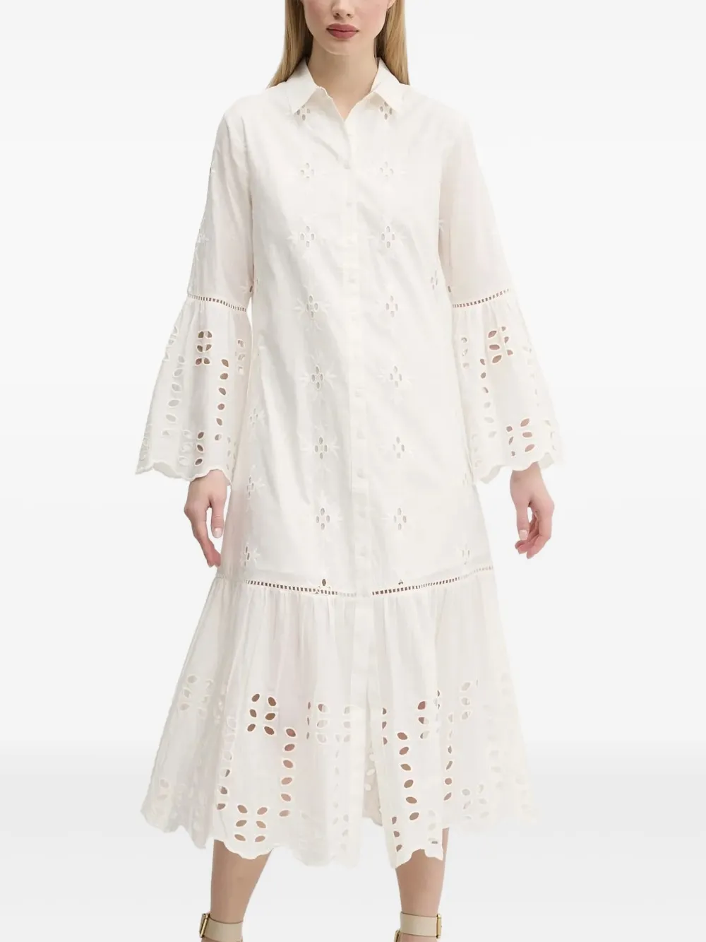 Desigual eyelet-embroidered bell-sleeve midi dress Wit