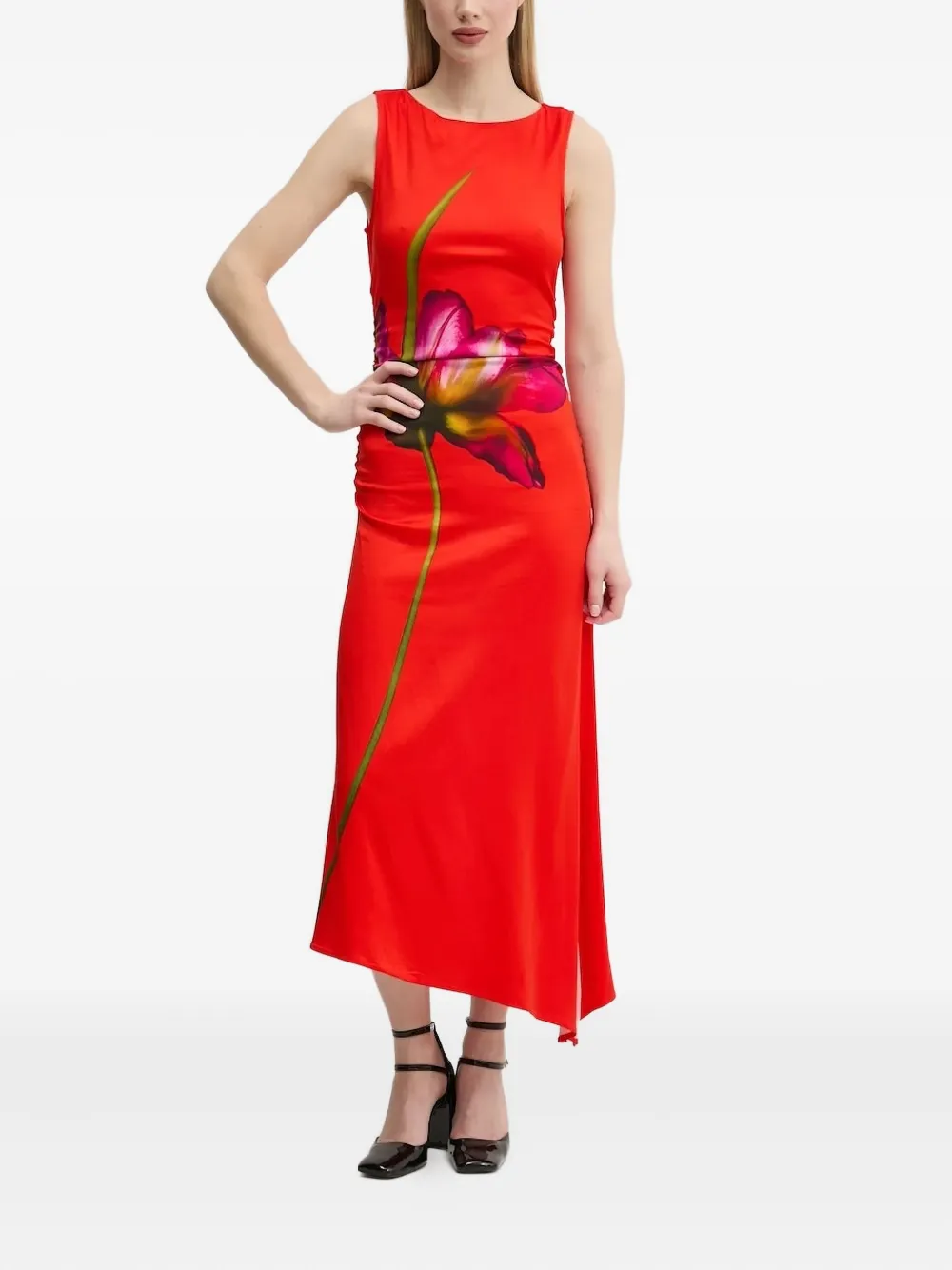 Desigual Asymmetrische jurk met orchidee print Rood
