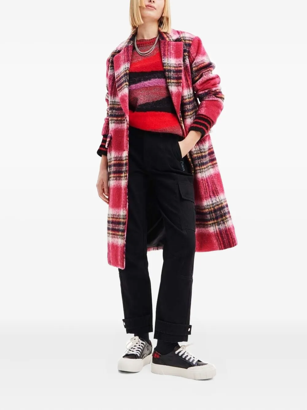 Desigual Plaid Single-breasted Coat In Red