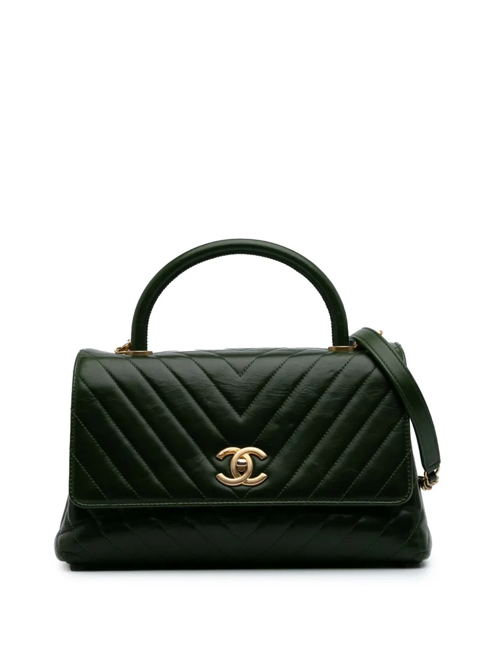 Pre-owned Chanel 2017-2018 Medium Chevron Aged Calfskin Coco Top Handle Bag Satchel