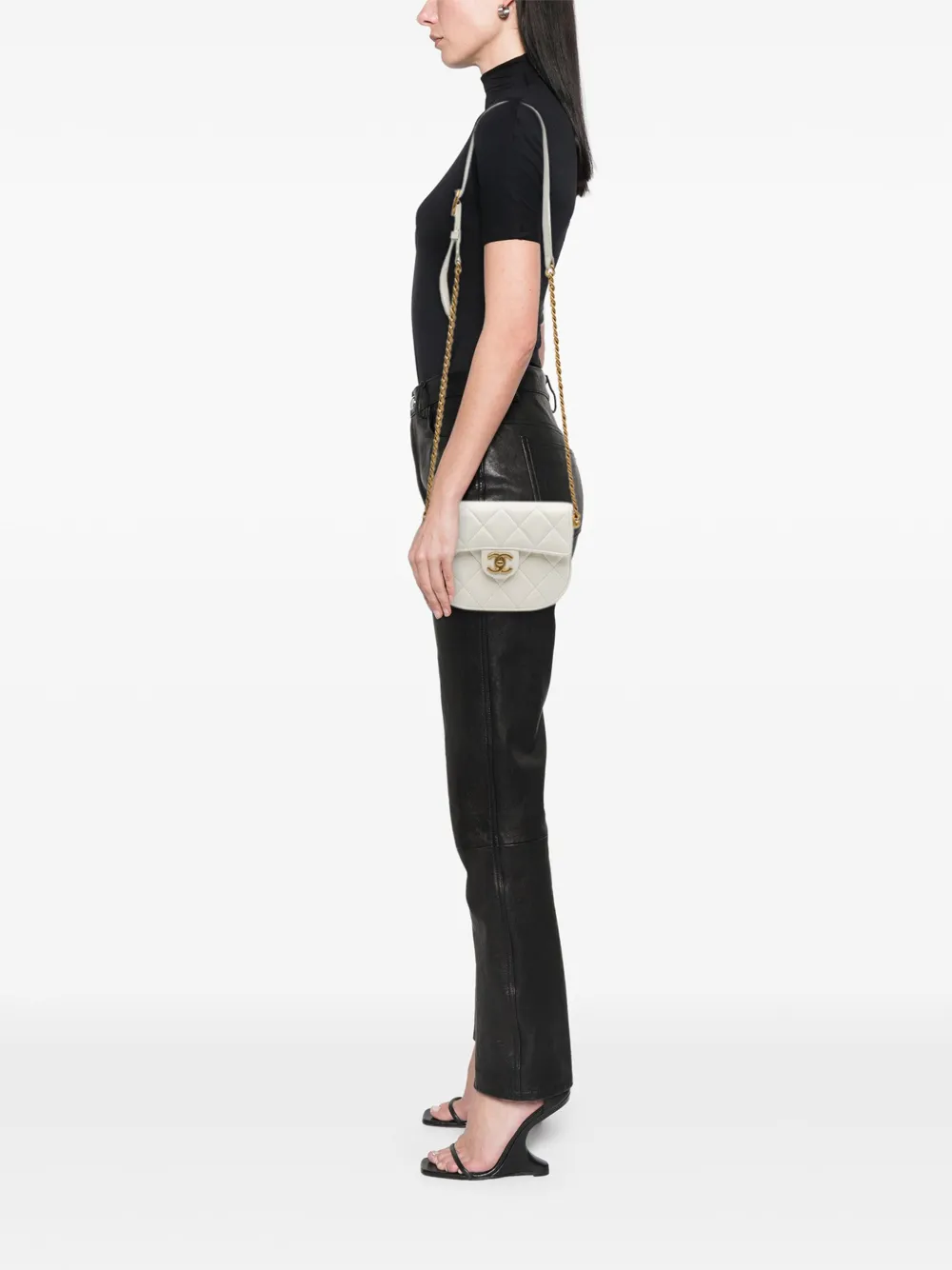 Pre-owned Chanel 2021-2025 Cc Quilted Lambskin Round Moon Messenger Flap Crossbody Bag