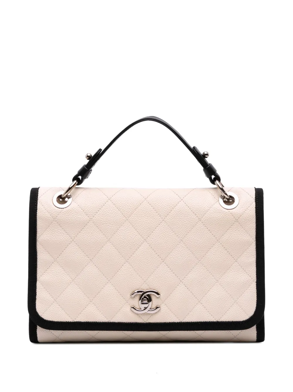CHANEL Pre-Owned 2018 CC Bicolor Quilted Caviar and Grosgrain Top Handle Flap satchel | Brown | Image 1