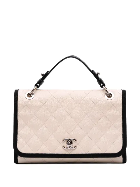 CHANEL Pre-Owned 2018 CC Bicolor Quilted Caviar and Grosgrain Top Handle Flap satchel