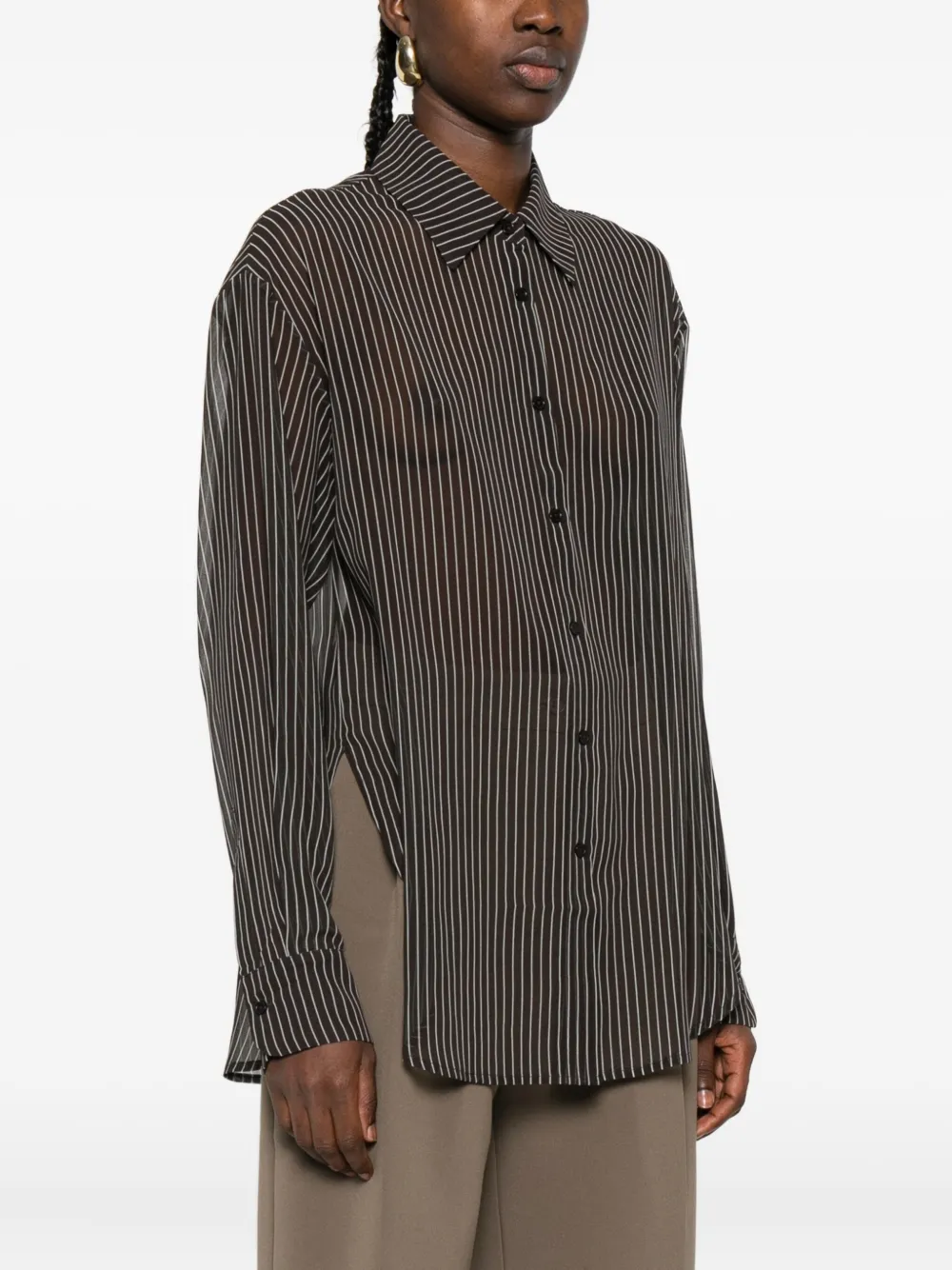 The Frankie Shop Gestreept blouse met knoopsluiting Bruin