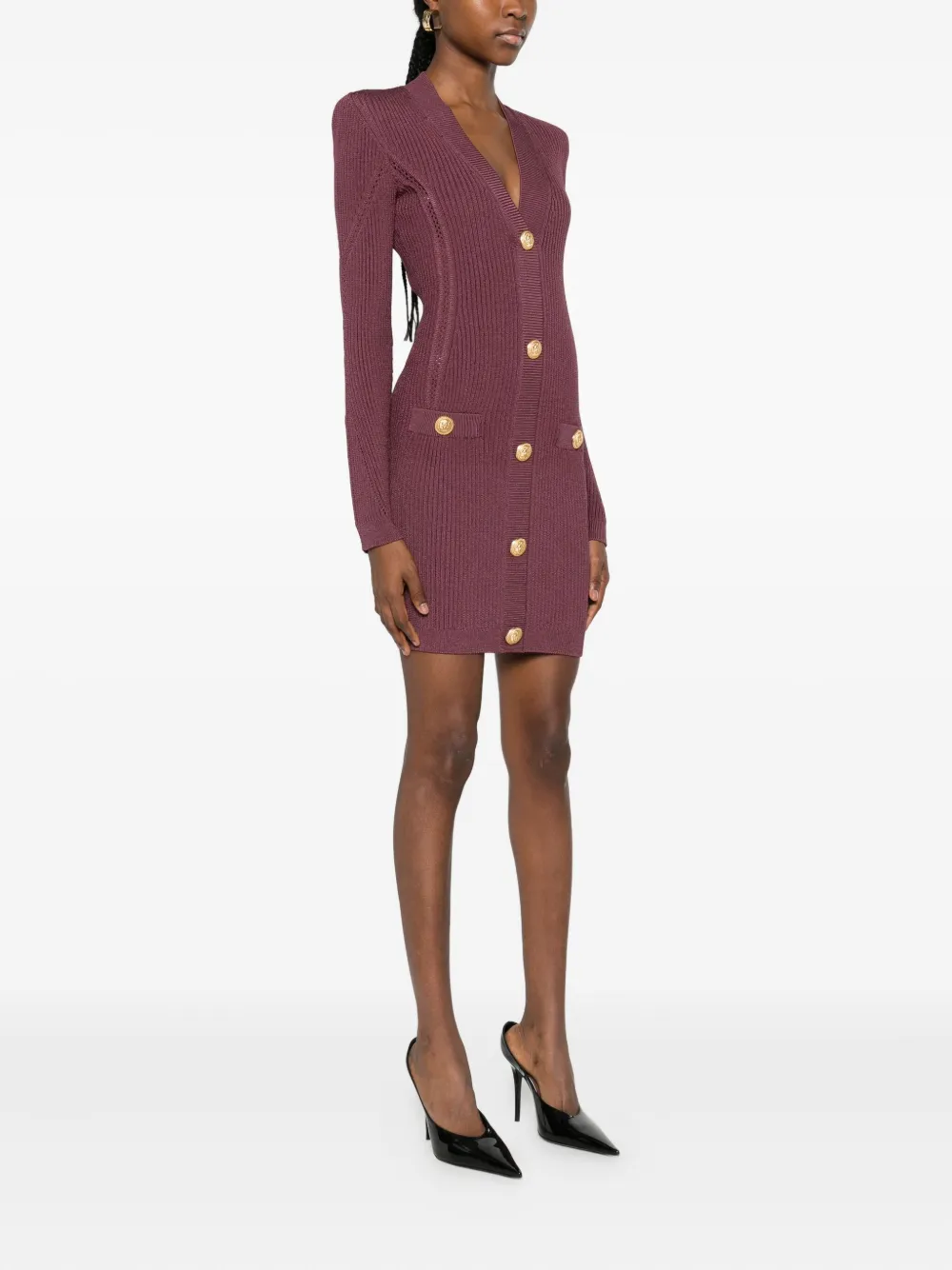 Balmain V-neck Knitted Mini Dress In Purple