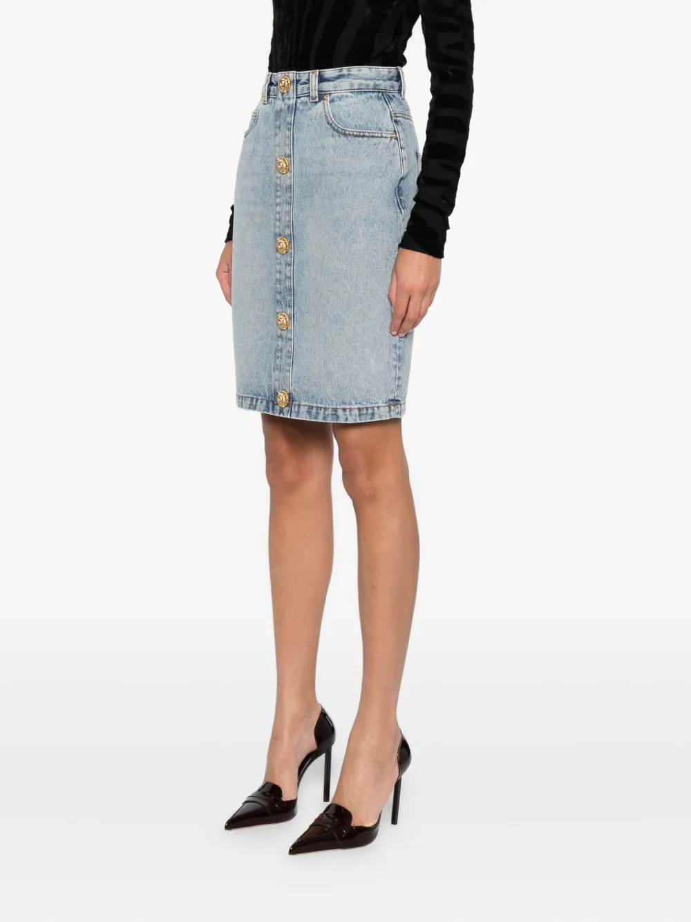 Balmain Denim Skirt Featuring Pockets And Button Accents In Blue