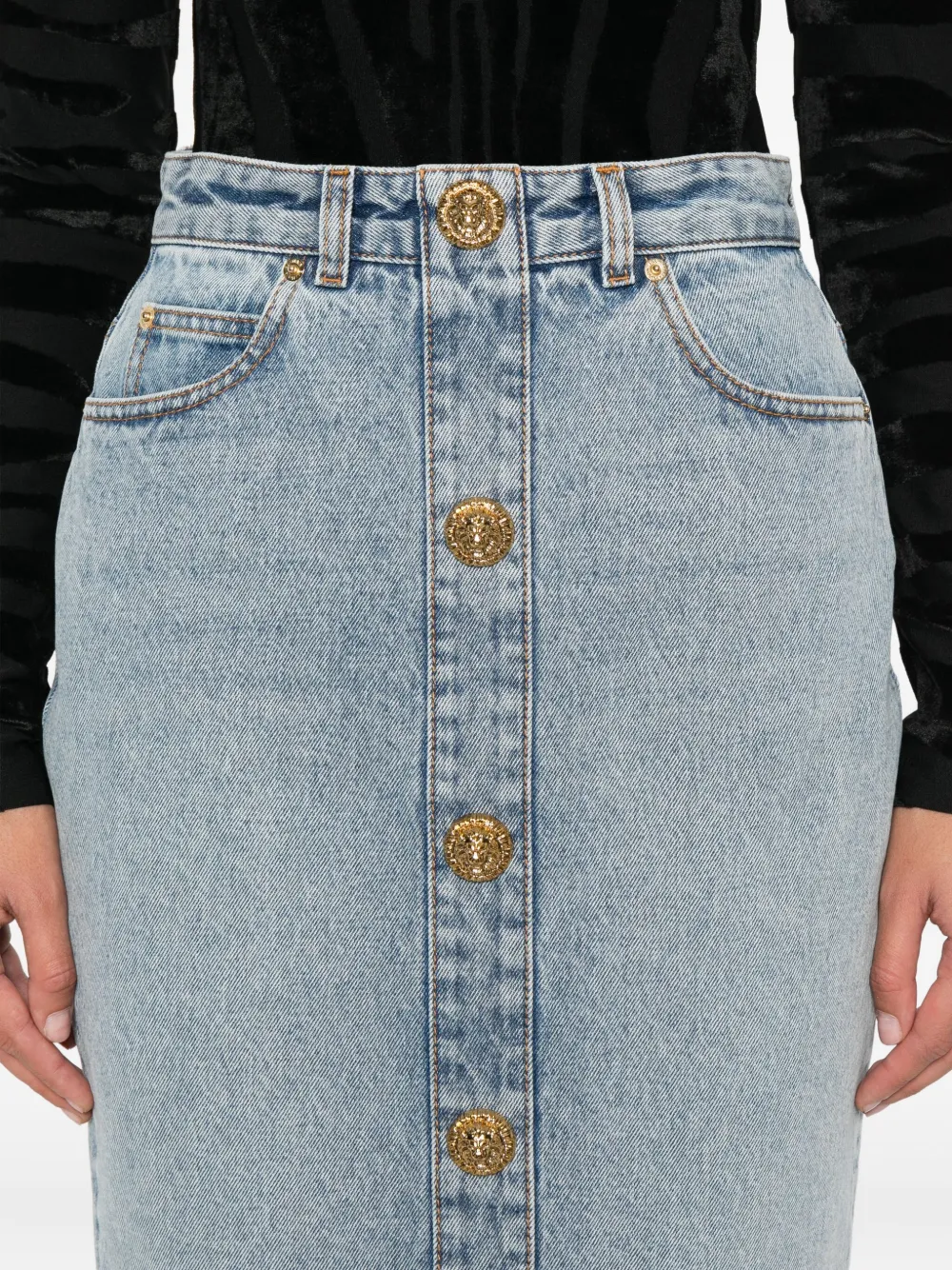 Balmain Denim Skirt Featuring Pockets And Button Accents In Blue