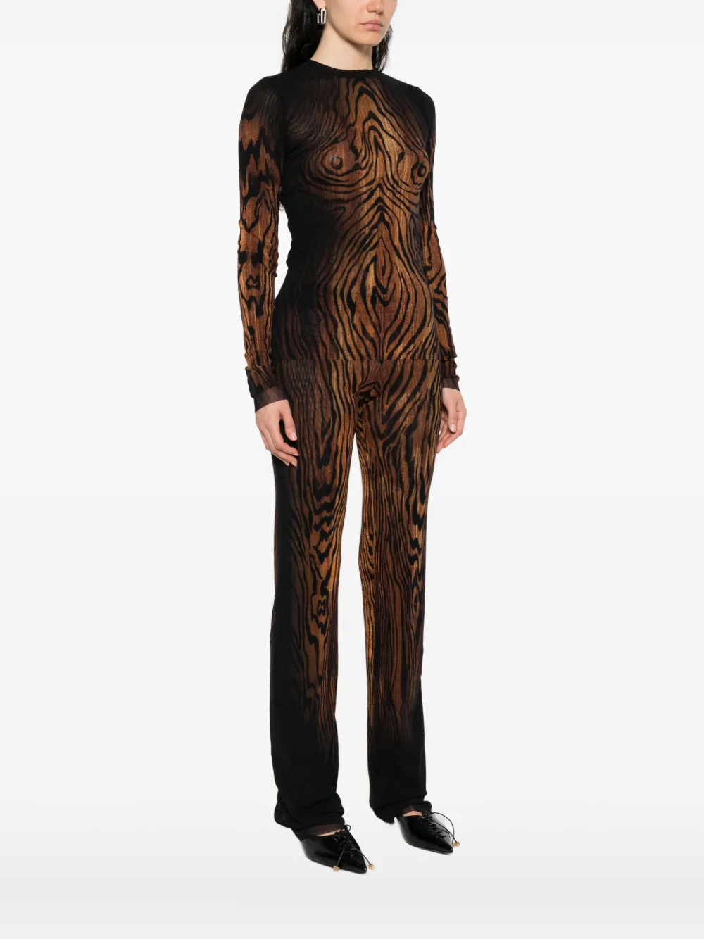 Jean Paul Gaultier wood-print mesh top Zwart