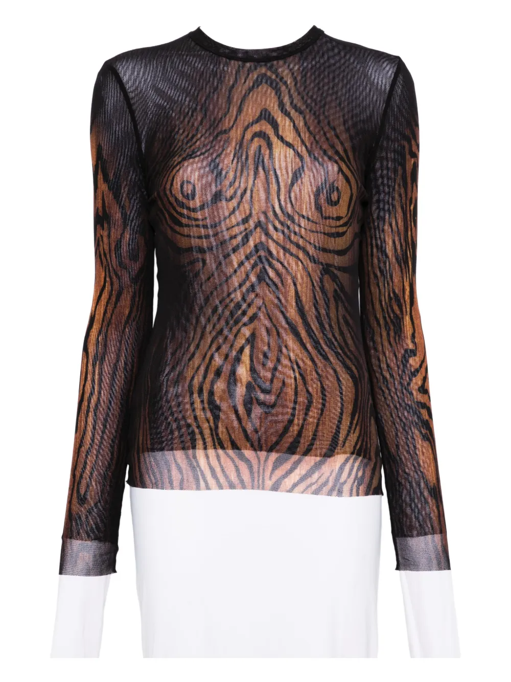 Jean Paul Gaultier wood-print mesh top Zwart