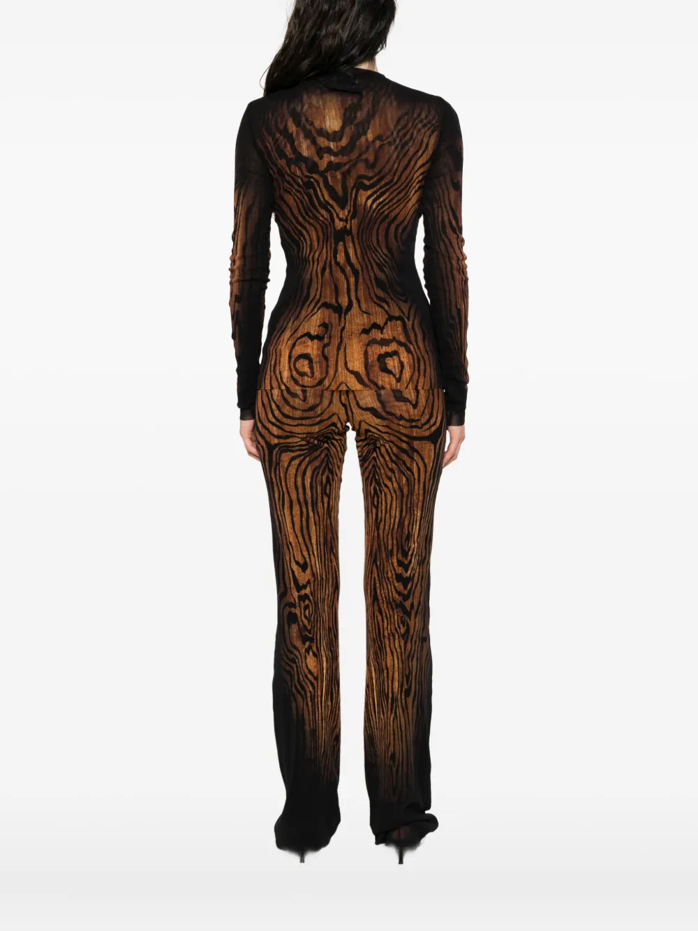 Jean Paul Gaultier wood-print mesh top Zwart
