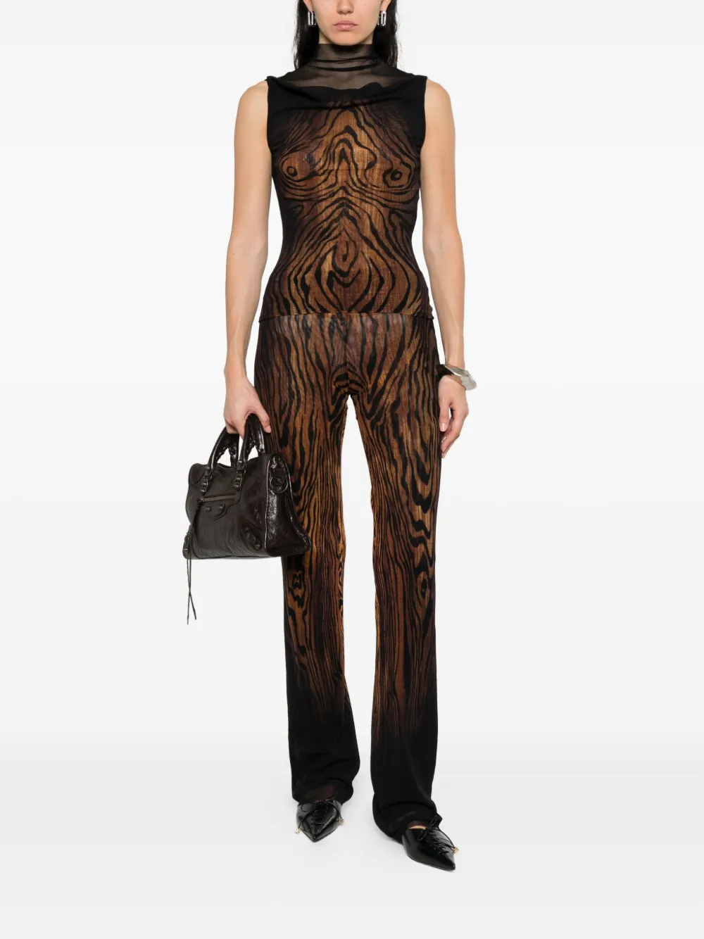 Jean Paul Gaultier high-neck wood-print top Zwart