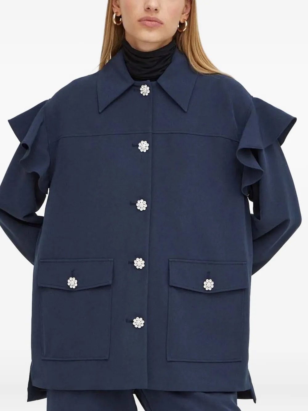 Custommade Blouse verfraaid met ruches Blauw