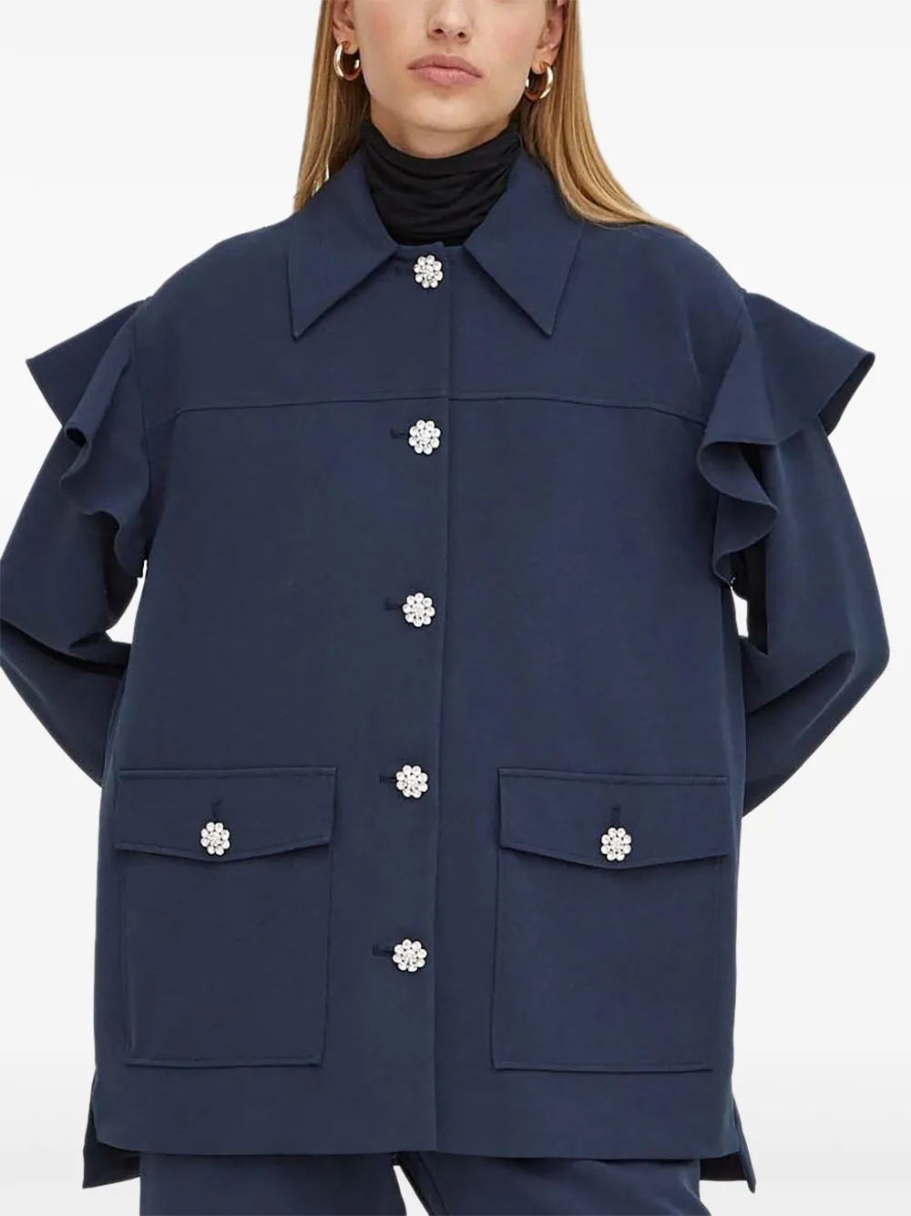 Custommade Blouse verfraaid met ruches Blauw