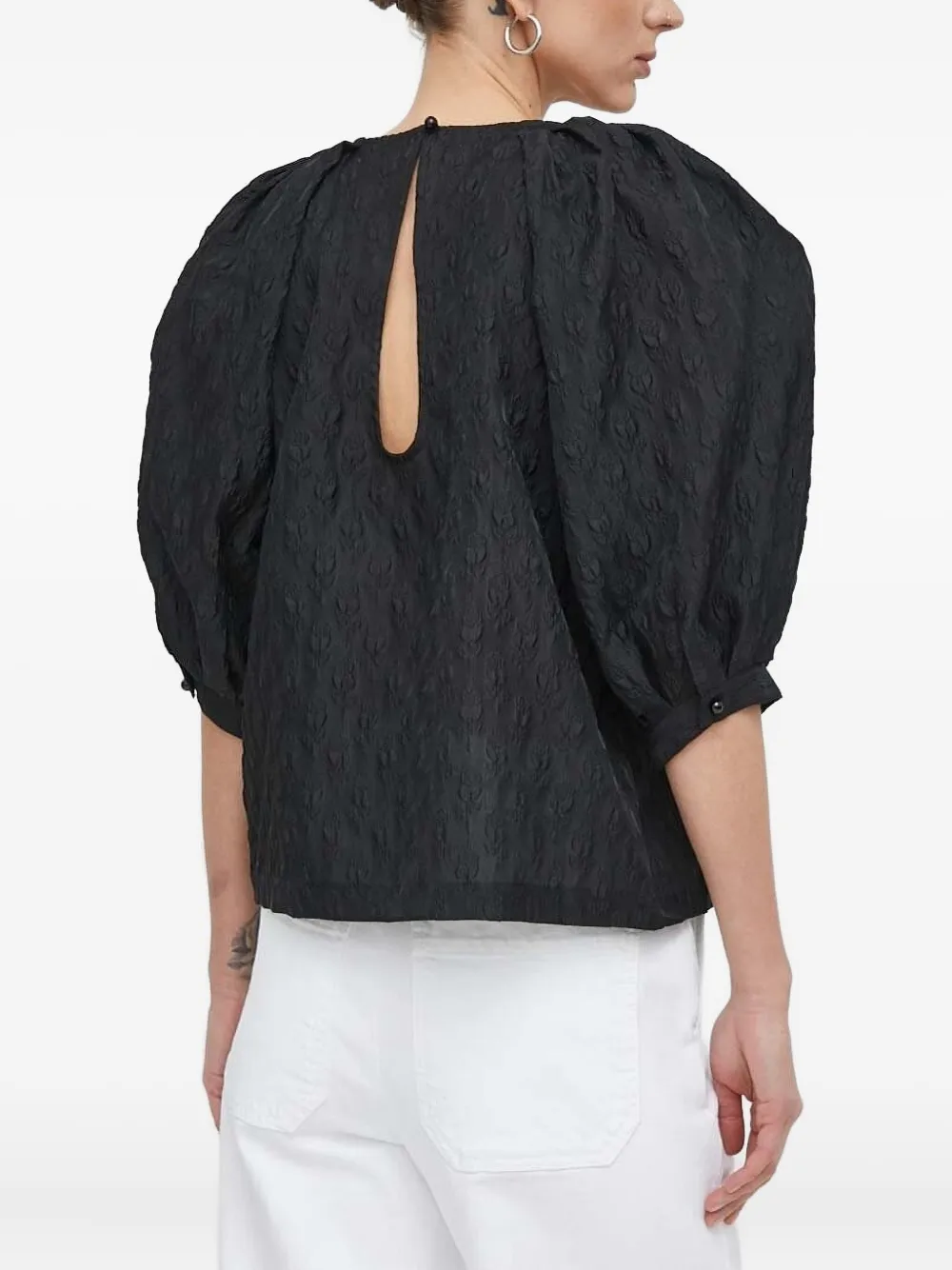 Custommade Rose-embossed Puff-sleeve Top In Black