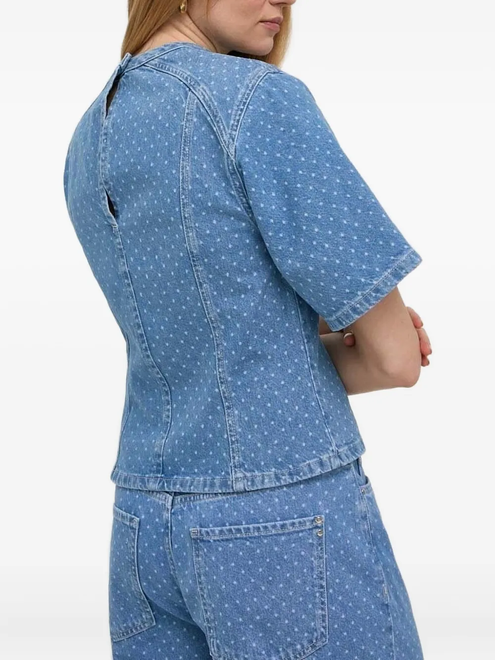 Custommade Denim top met vlakken en stippen - Blauw