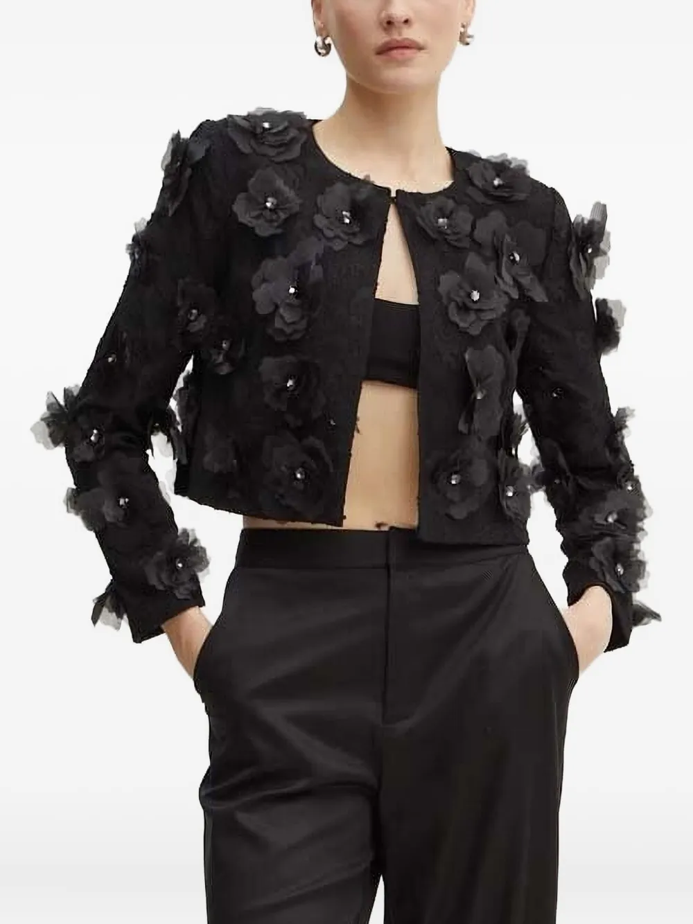 Custommade Flower-embellished Cropped Jacket In Black