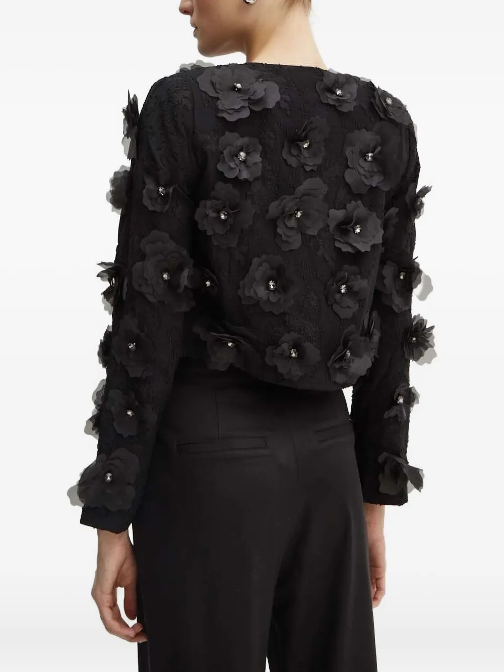 Custommade Cropped jack verfraaid met bloem Zwart