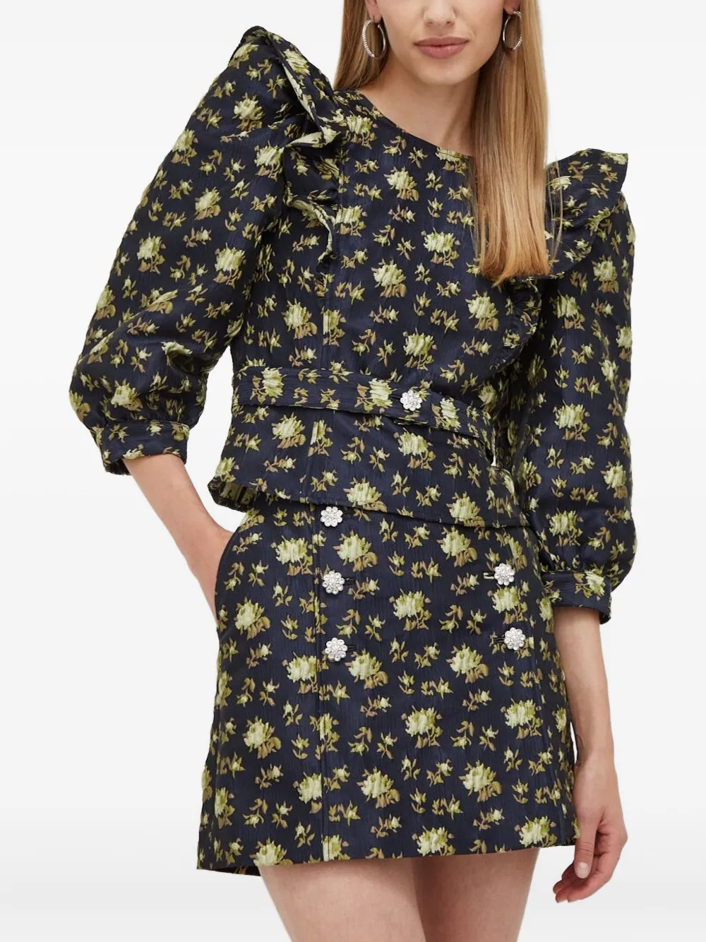 Custommade Floral-print Puff-shoulder Blouse In Blue