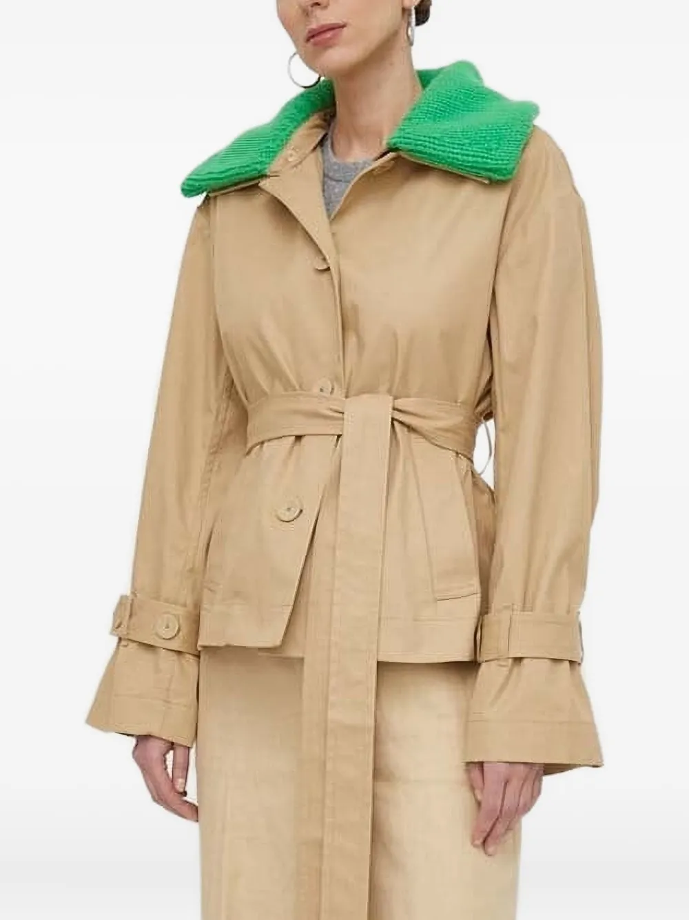 Custommade Knitted-collar Belted Jacket In Brown