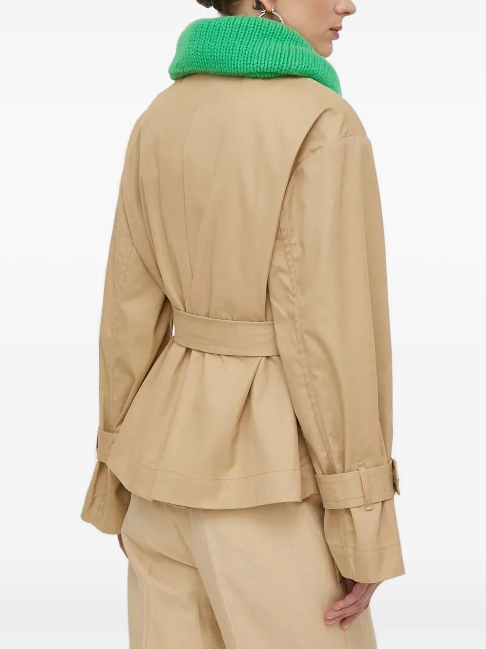 Custommade Knitted-collar Belted Jacket In Brown