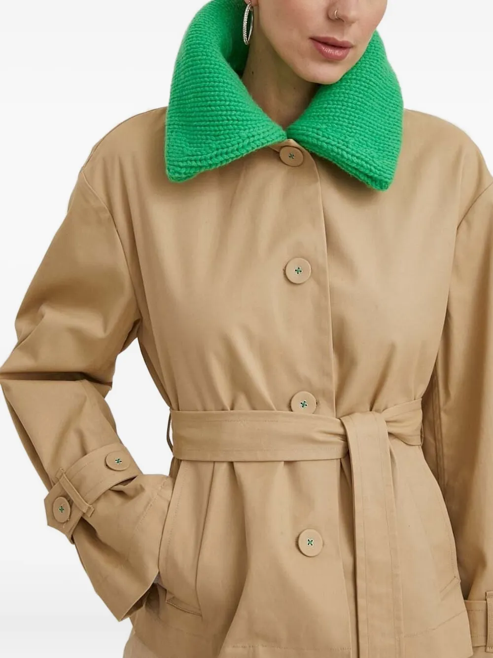 Custommade Knitted-collar Belted Jacket In Brown