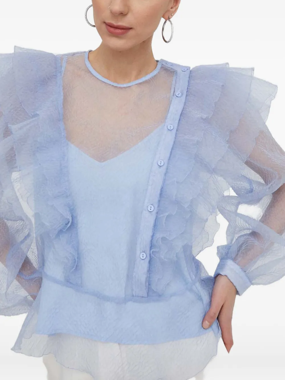 Custommade Ruffled Sheer Top In Blue