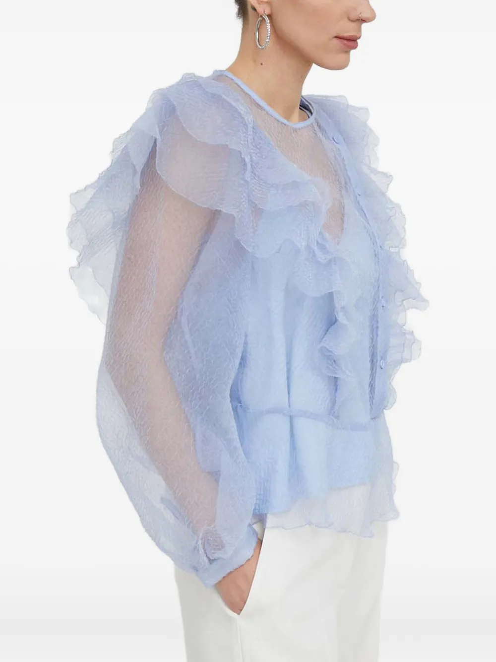 Custommade Ruffled Sheer Top In Blue