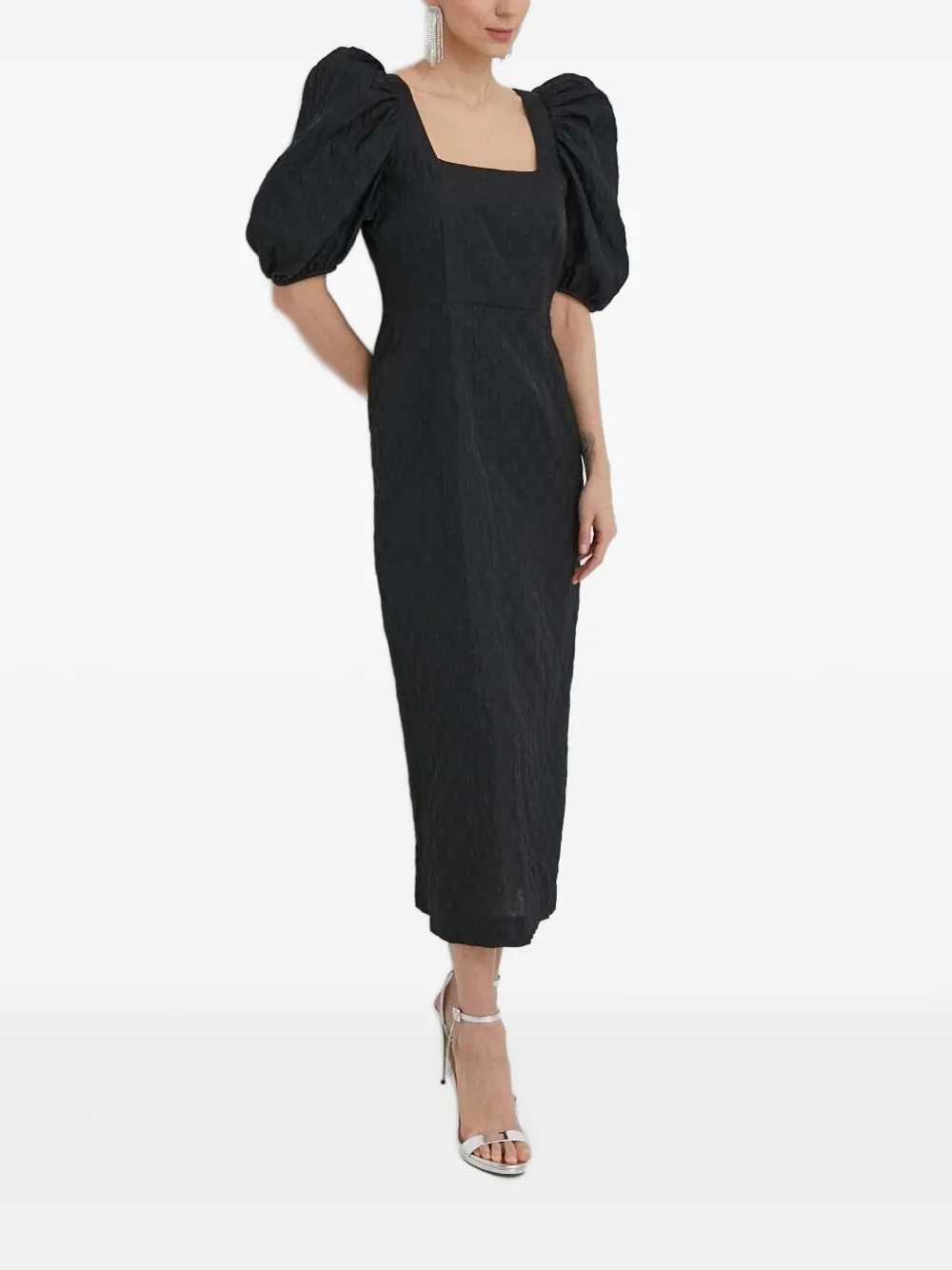 Custommade Puff-sleeve Midi Dress In Black