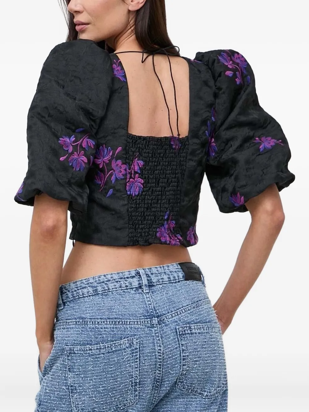Custommade puff-sleeve floral-embroidered top - Zwart