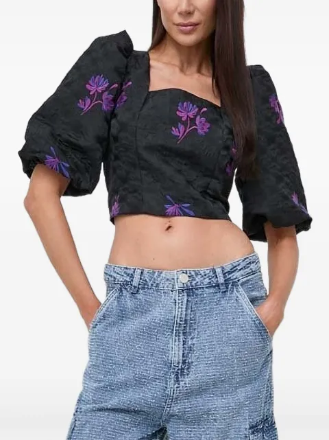 Custommade puff-sleeve floral-embroidered top