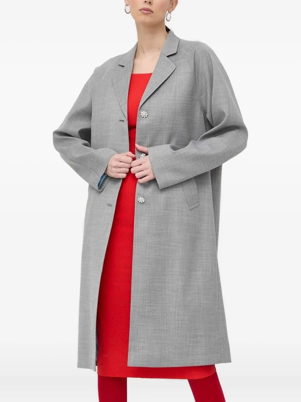 Custommade Crystal-button Belted Coat In Gray
