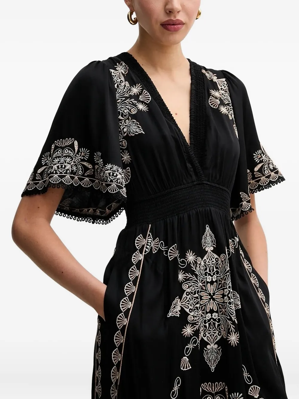 Hale Bob Embroidered Short-sleeves Midi Day Dress In Black