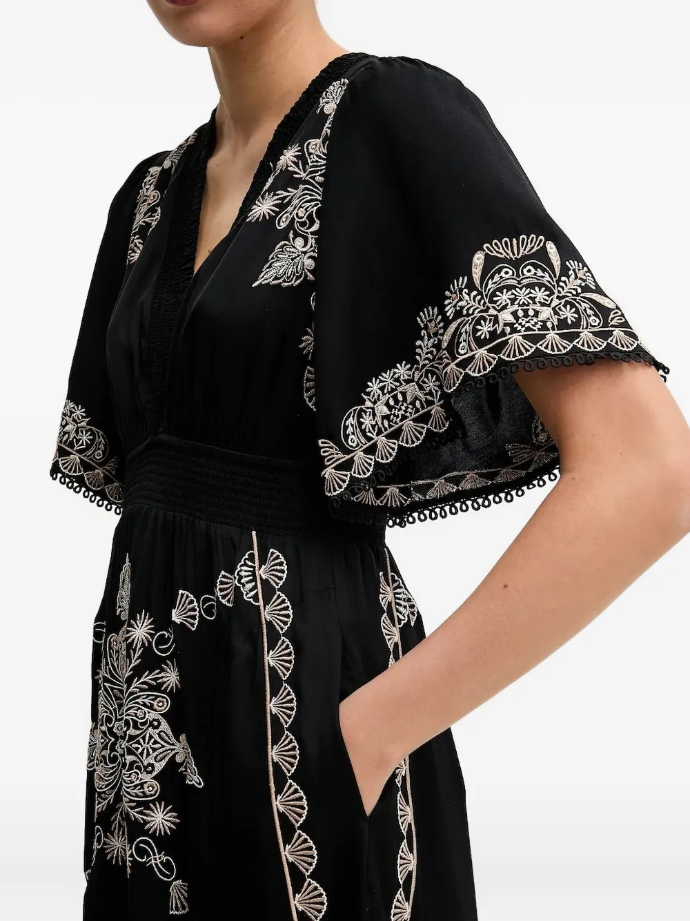 Hale Bob Embroidered Short-sleeves Midi Day Dress In Black