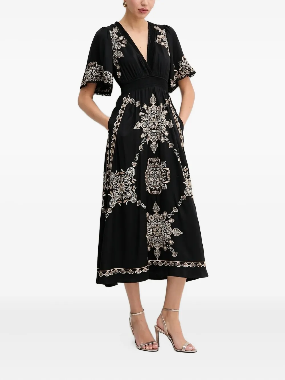 Hale Bob Embroidered Short-sleeves Midi Day Dress In Black