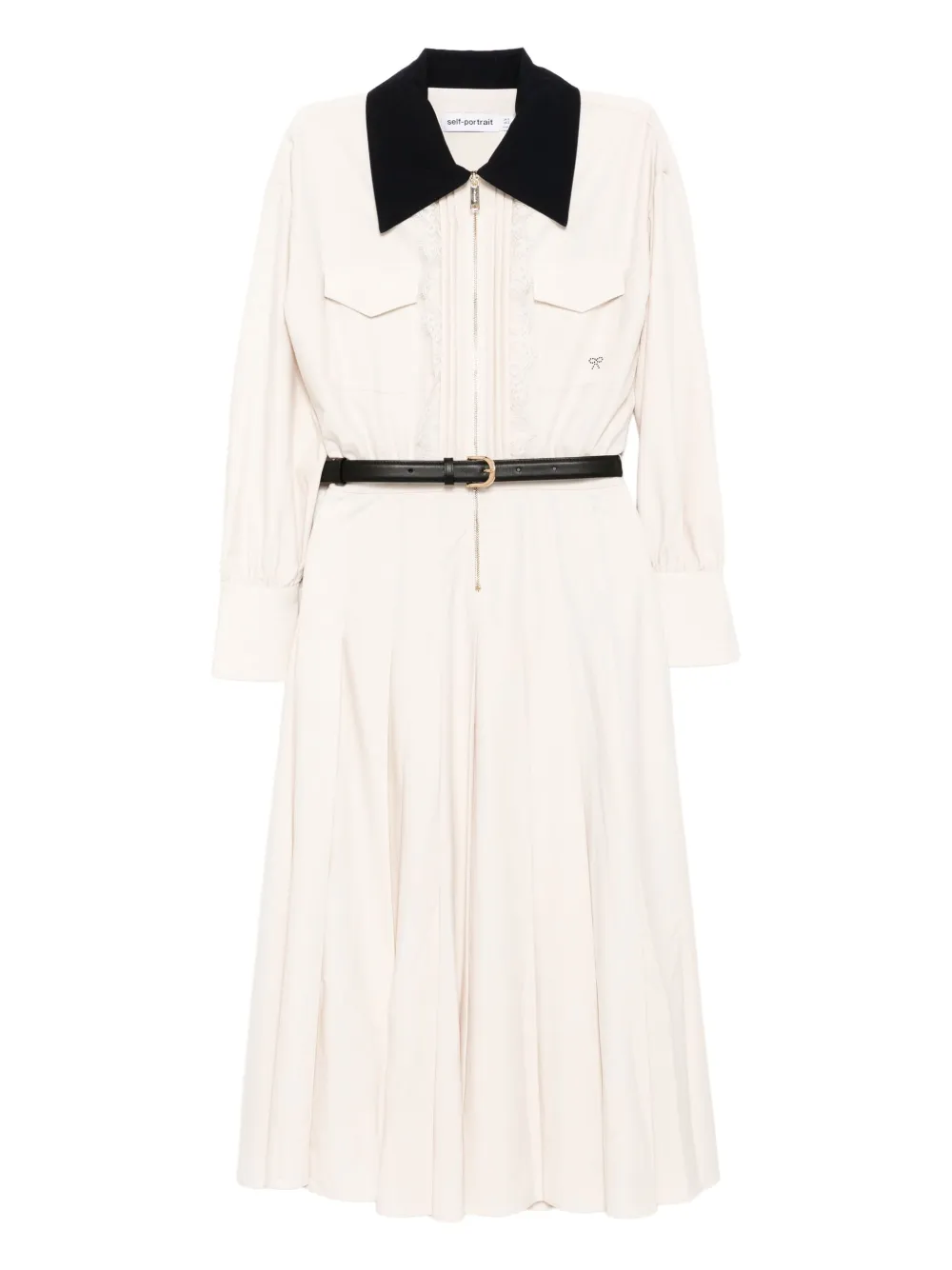 Self-Portrait Twill midi-jurk met contrasterende kraag Beige