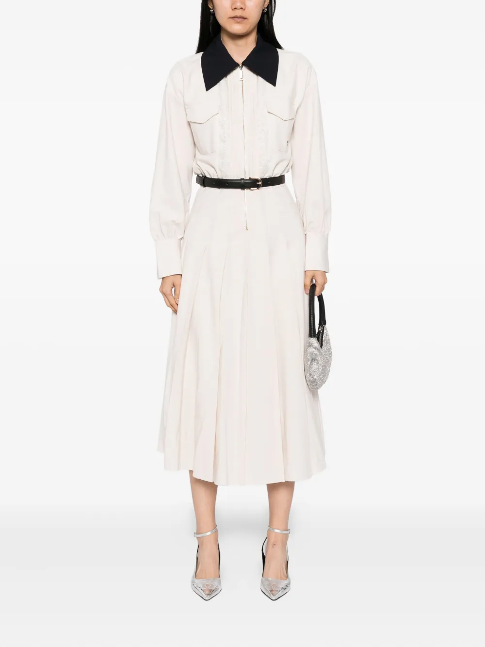 Self-Portrait Twill midi-jurk met contrasterende kraag Beige