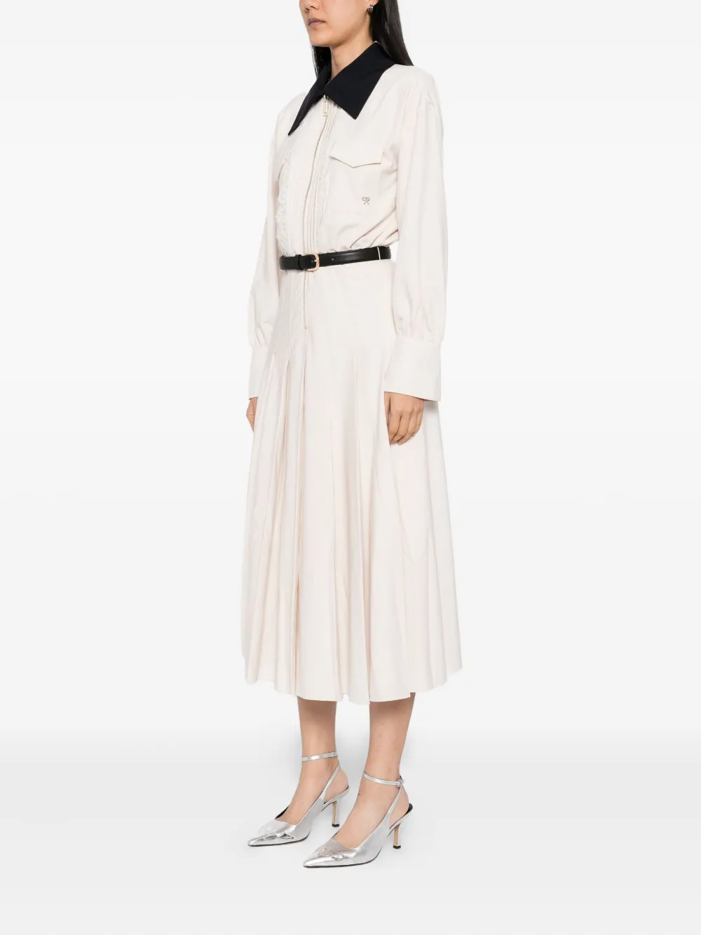 Self-Portrait Twill midi-jurk met contrasterende kraag Beige