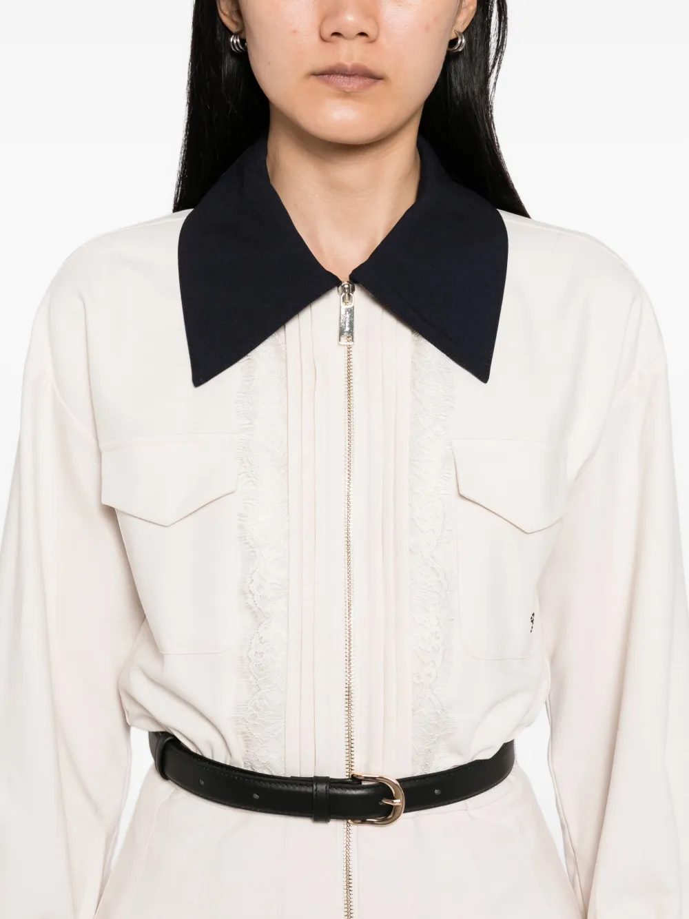 Self-Portrait Twill midi-jurk met contrasterende kraag Beige