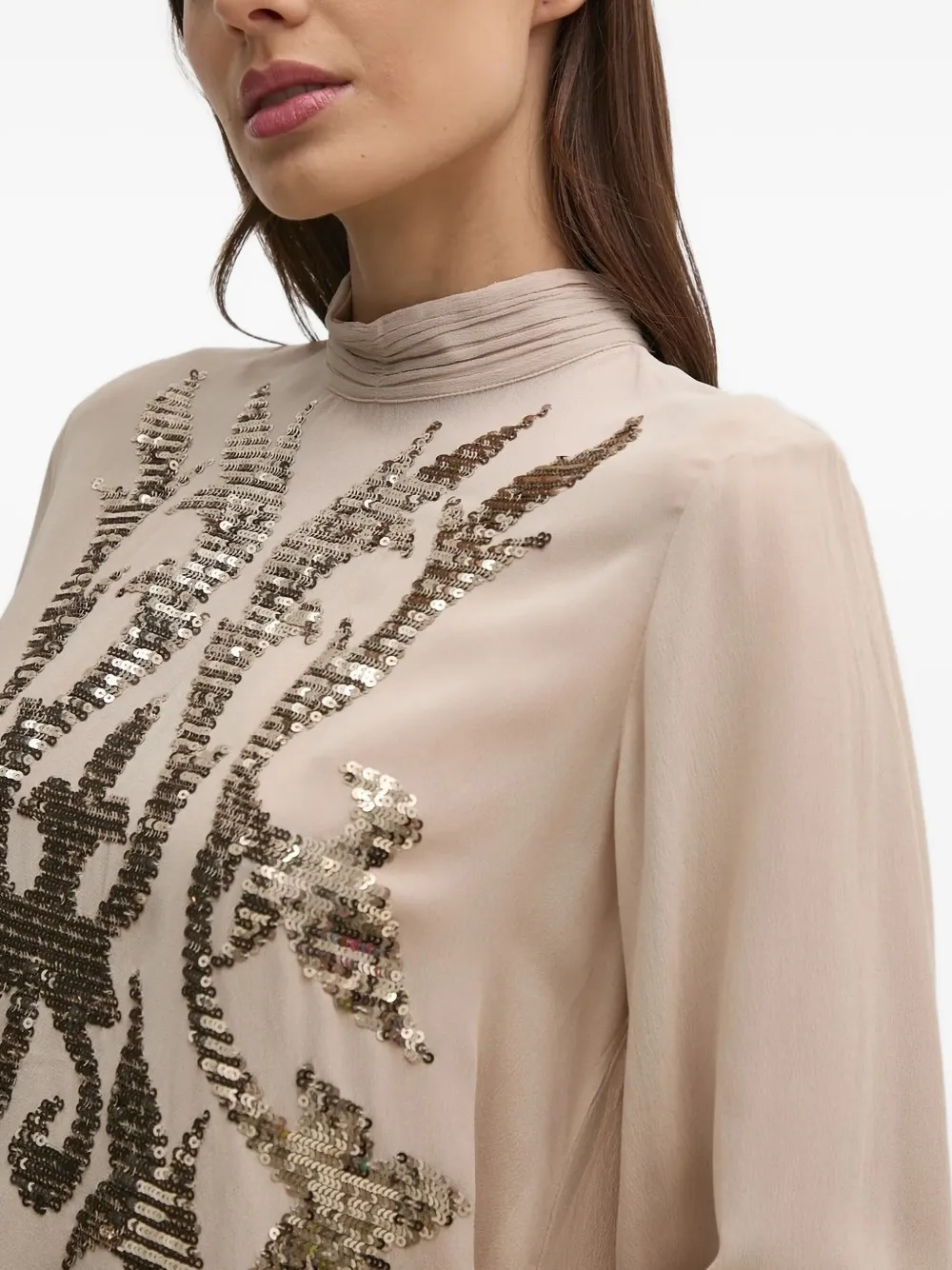 Hoss Intropia Sequin-embellished Mock-neck Blouse In Neutral