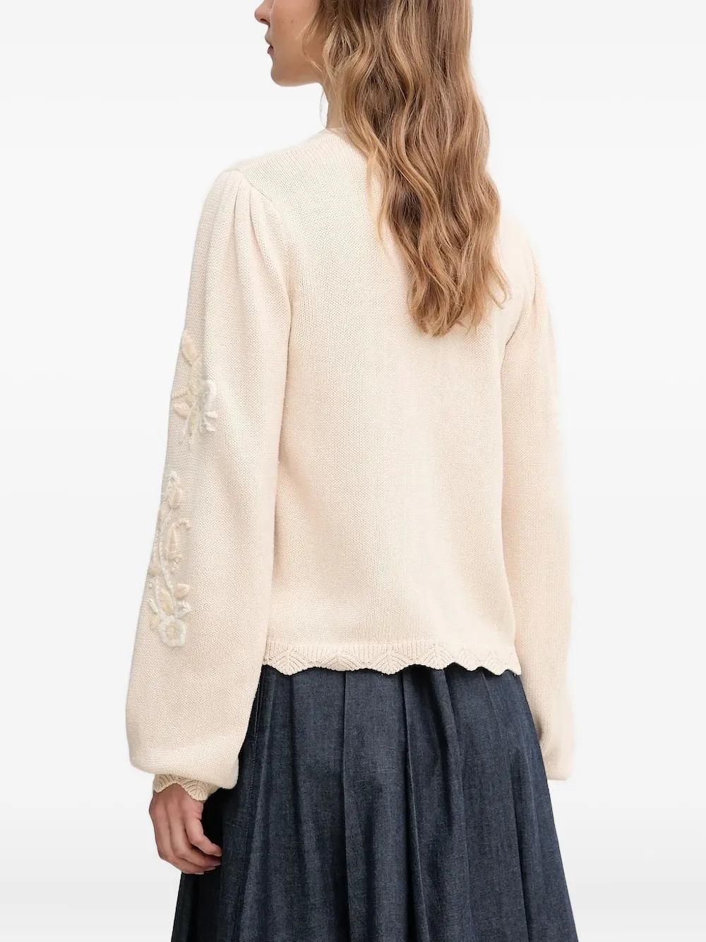 Hoss Intropia Floral-embroidered Scallop-hem Cardigan In White
